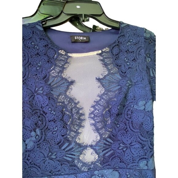 Storia Lace Dress with Plunging Sheer Neckline and Short Sleeves Navy Blue Size - Picture 9 of 12